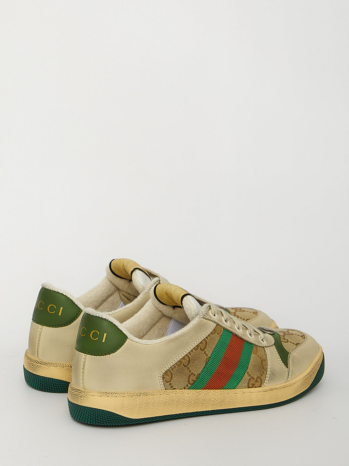 GUCCI Vintage Effect White Leather and Canvas Sneakers with Green and Orange Details for Men