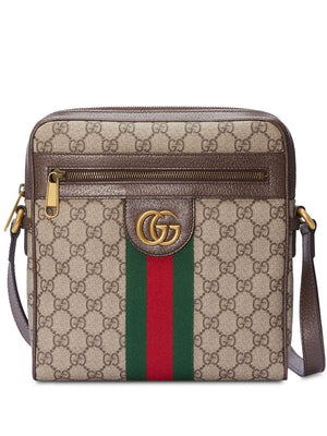 GUCCI Ophidia GG Mini Shoulder Handbag in Beige and Ebony Canvas with Leather Trims, Iconic Web Stripe, Gold Hardware - 23x24x5.5 cm