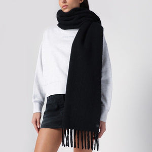 CANADA GOOSE Black Alpaca Blend Scarf with Fringed Edges