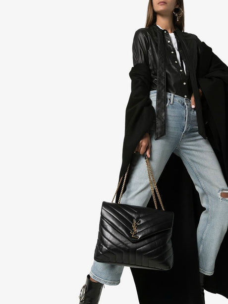 SAINT LAURENT Loulou Medium Black Calfskin Leather Shoulder Bag with Brass Details for Women