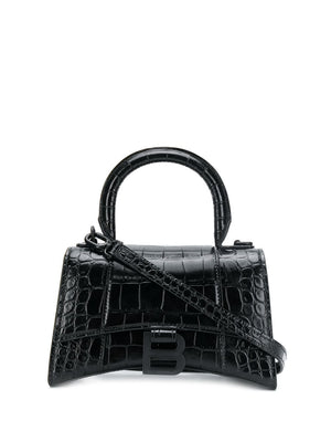 BALENCIAGA Hourglass Small Croc-Embossed Leather Top-Handle Handbag with B Charm