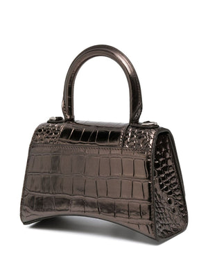 BALENCIAGA Bronze-Tone Croc-Embossed Mini Leather Tote with Monogram Plaque and Detachable Strap