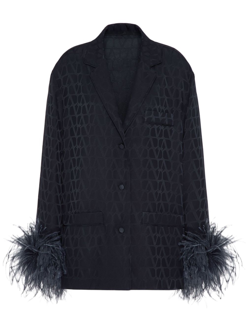 VALENTINO Navy Elegance Silk Blouse with Feather Accents