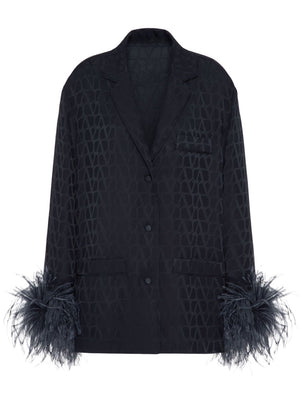 VALENTINO Navy Elegance Silk Blouse with Feather Accents