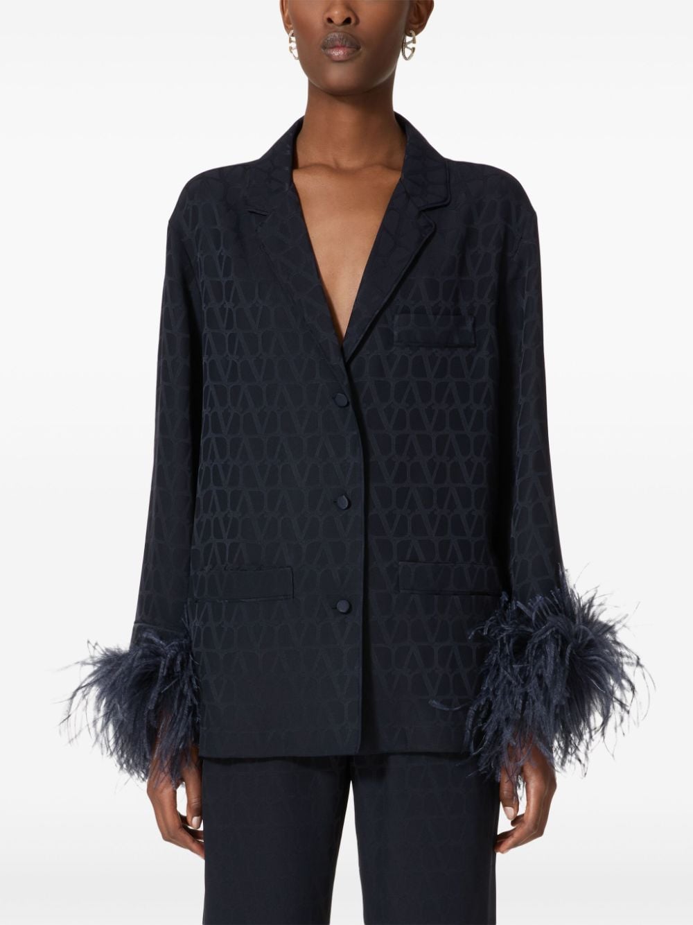 VALENTINO Navy Elegance Silk Blouse with Feather Accents