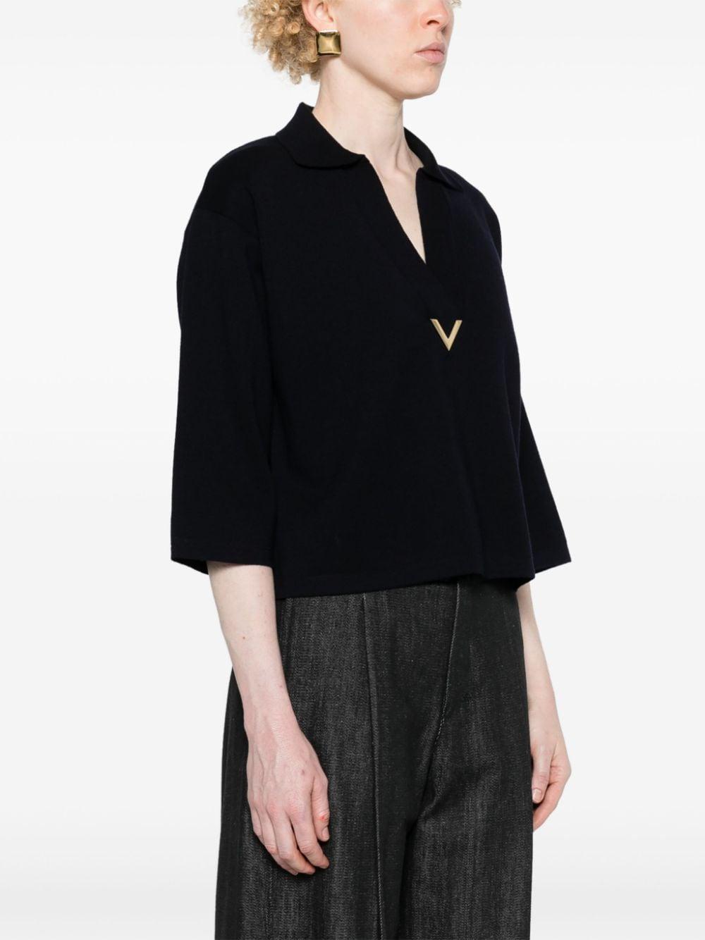 VALENTINO GARAVANI Elegant Blue Wool V-Neck Jumper with Gold Detail