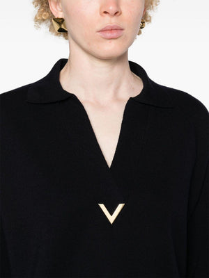 VALENTINO GARAVANI Elegant Blue Wool V-Neck Jumper with Gold Detail