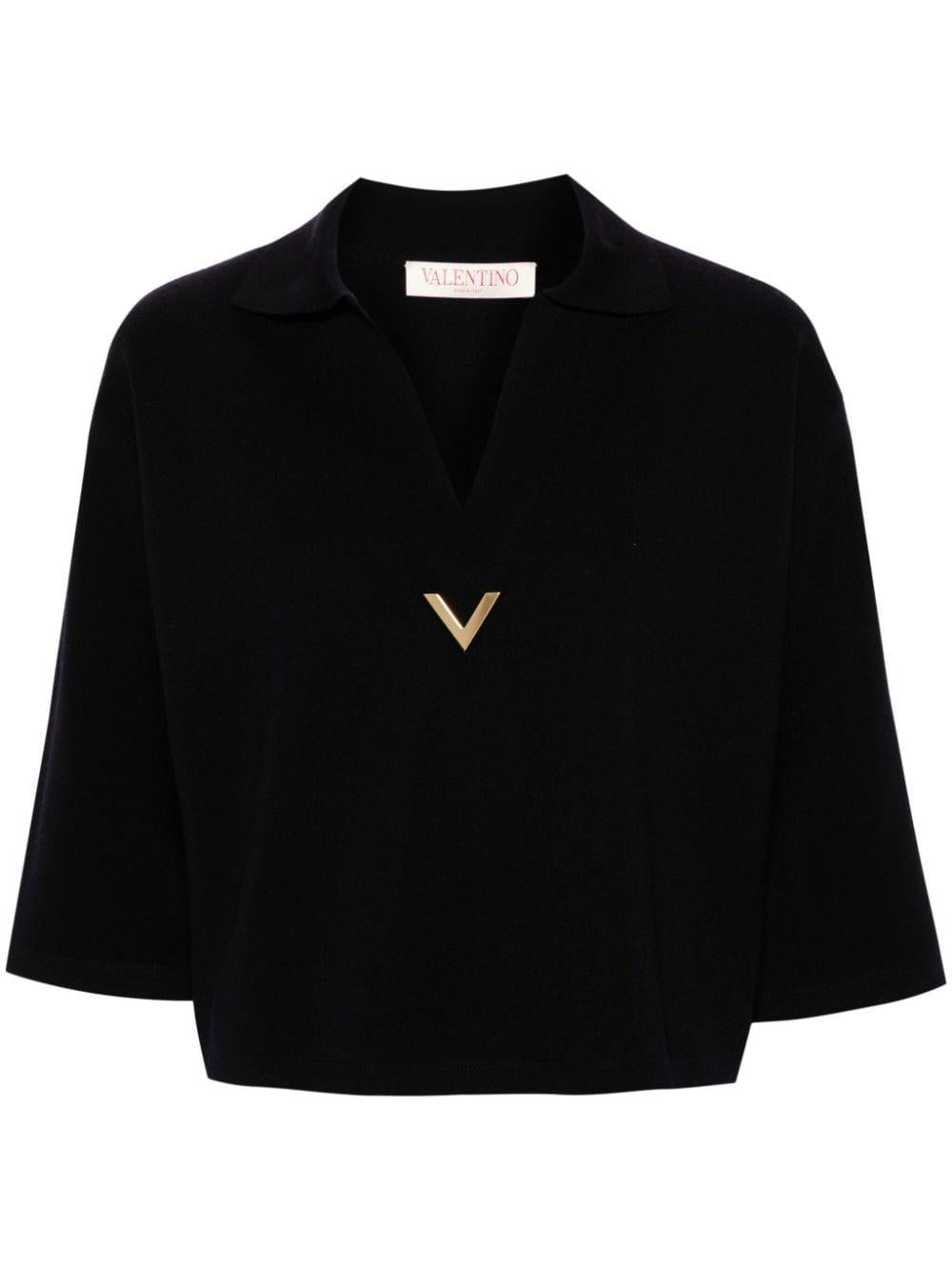 VALENTINO GARAVANI Elegant Blue Wool V-Neck Jumper with Gold Detail