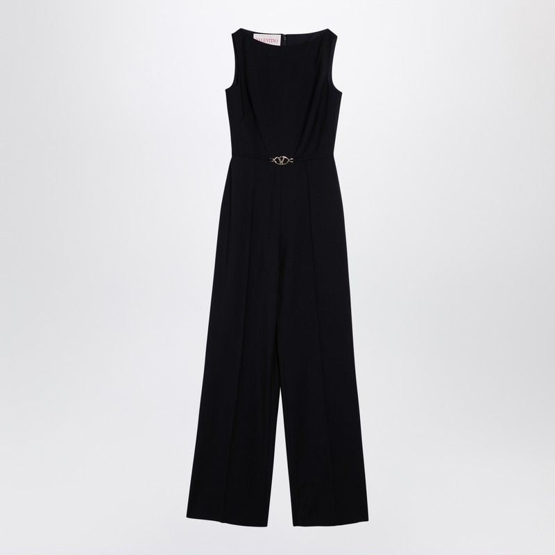 VALENTINO Elegant Navy Blue Wool Jumpsuit with Wide-Leg Design