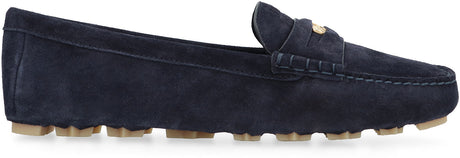 MIU MIU Navy Suede Loafers with Embossed Front Logo and Round Toeline for Women