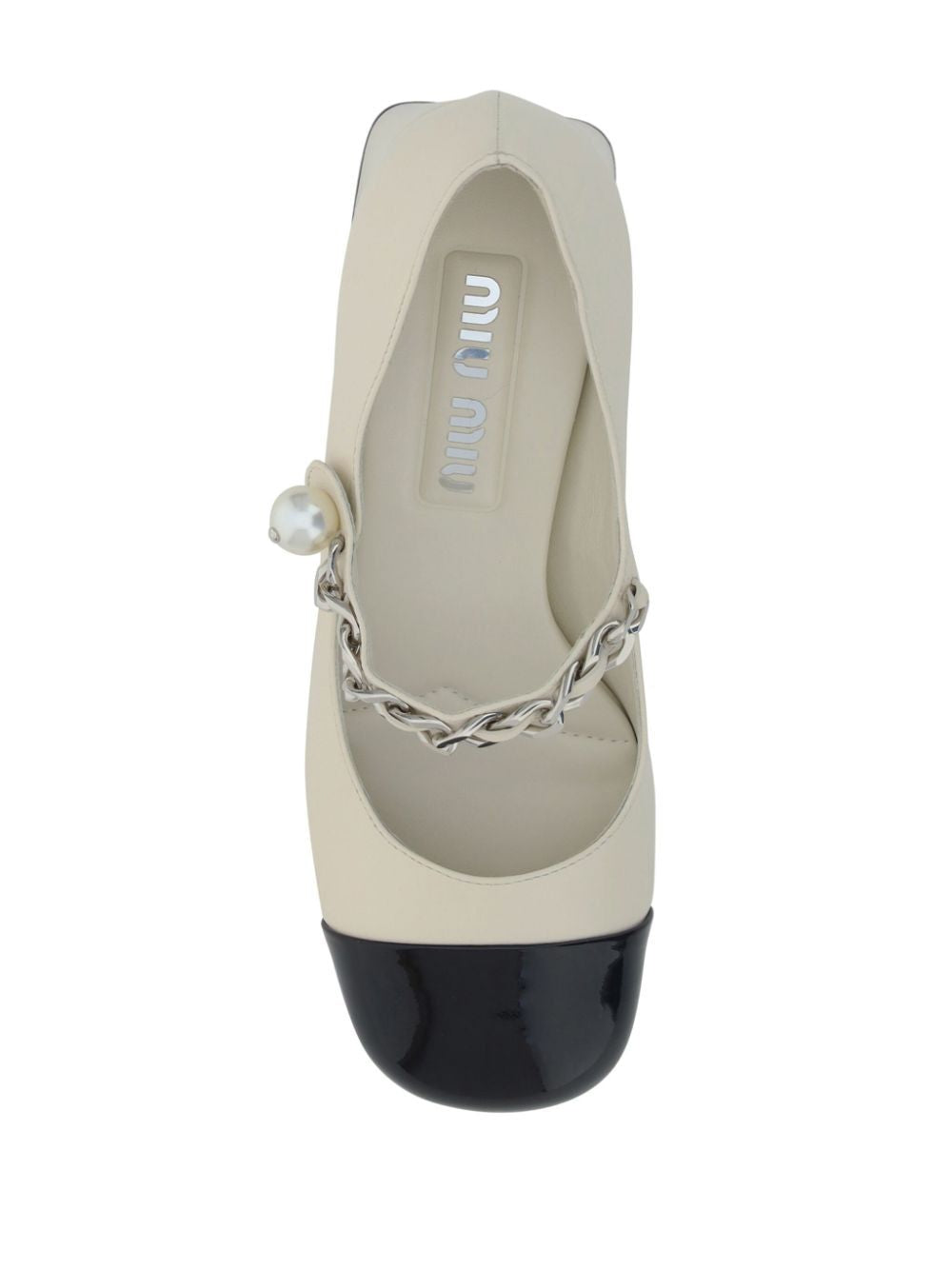 MIU MIU Elegant Black and White Pumps with Silver Chain Detail