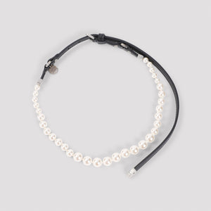 MIU MIU Chic Black Leather Necklace with White Beads