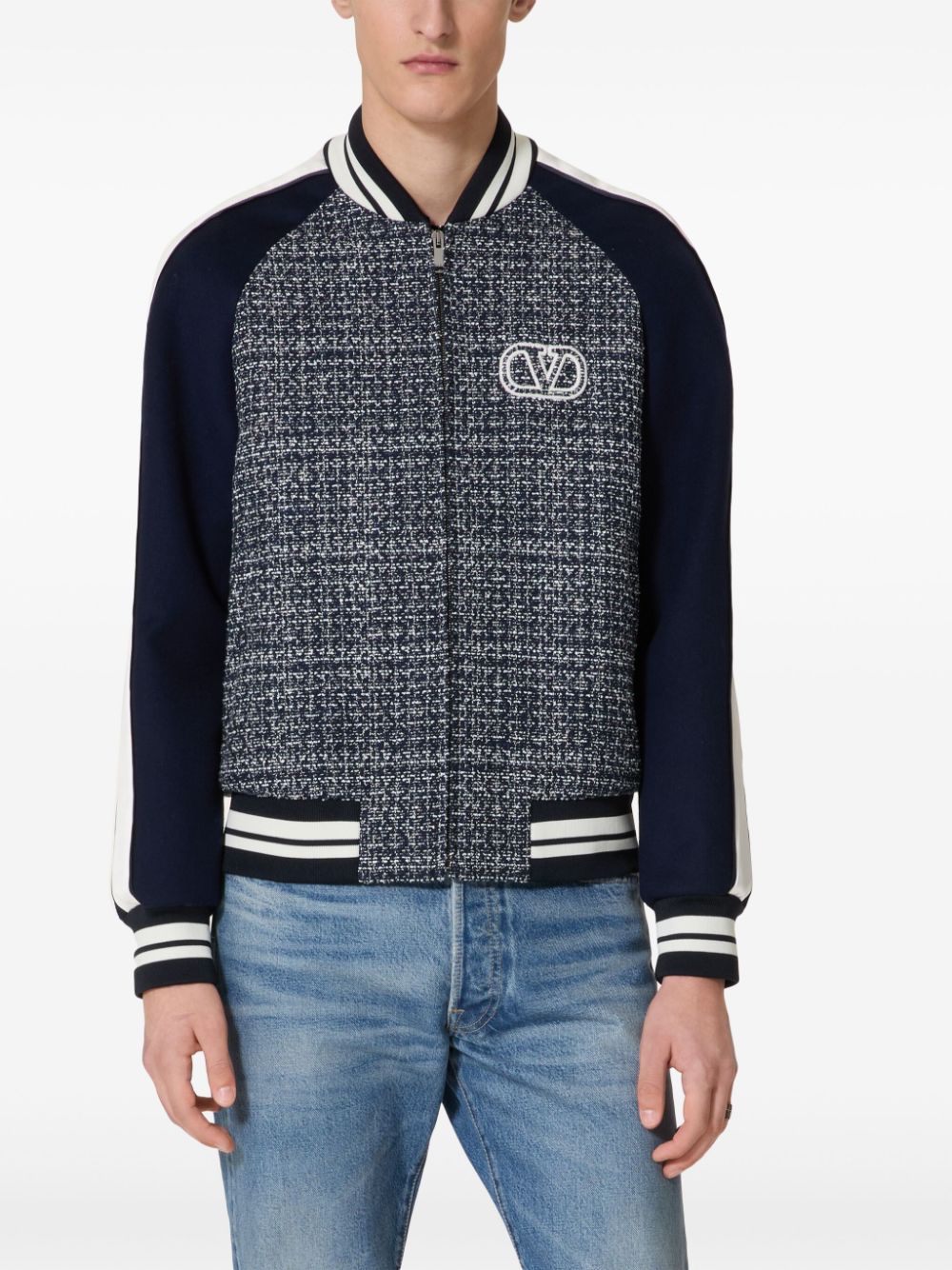 VALENTINO Signature V-Logo Stripe Wool Bomber Jacket