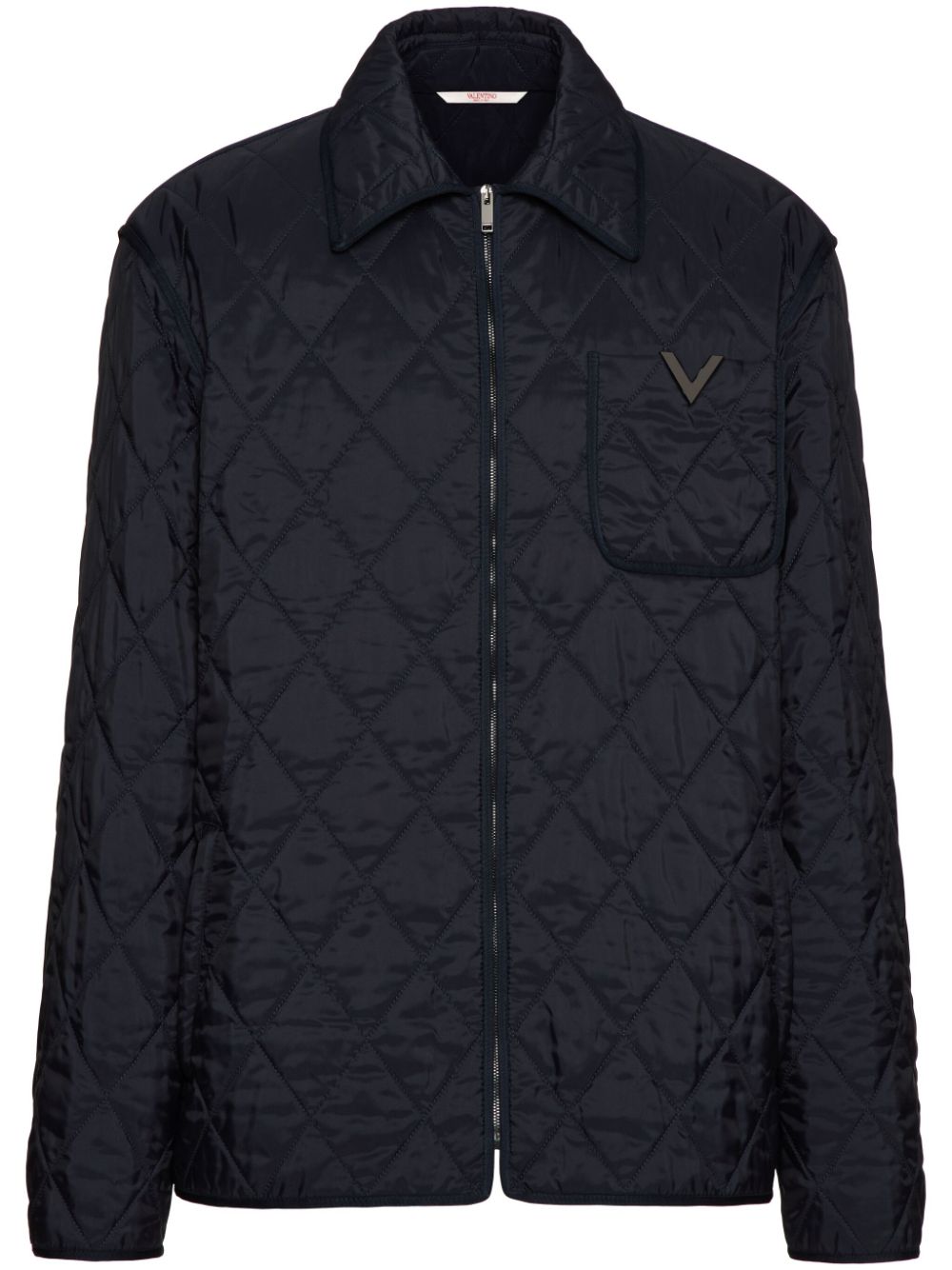 VALENTINO Navy Blue Quilted Zip-Up Jacket with Logo Detail