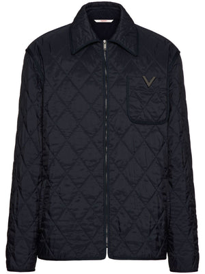 VALENTINO Navy Blue Quilted Zip-Up Jacket with Logo Detail