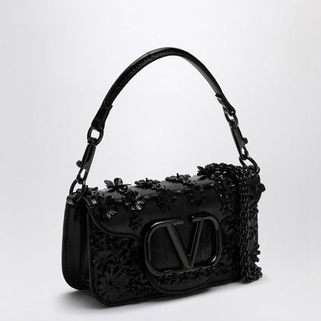 VALENTINO GARAVANI Mini Black Leather Shoulder Handbag with Floral Appliqué