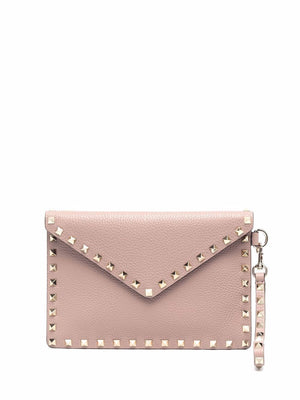 VALENTINO Women's Poudre Pink Calf Leather Medium Flat Clutch with Rockstud Detail – FW24