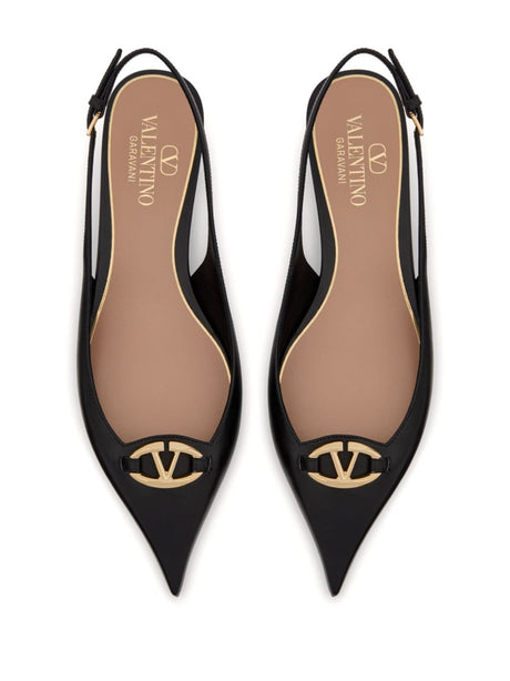 VALENTINO GARAVANI Elegant Black Leather Pointed Ballet Flats with Gold VLogo