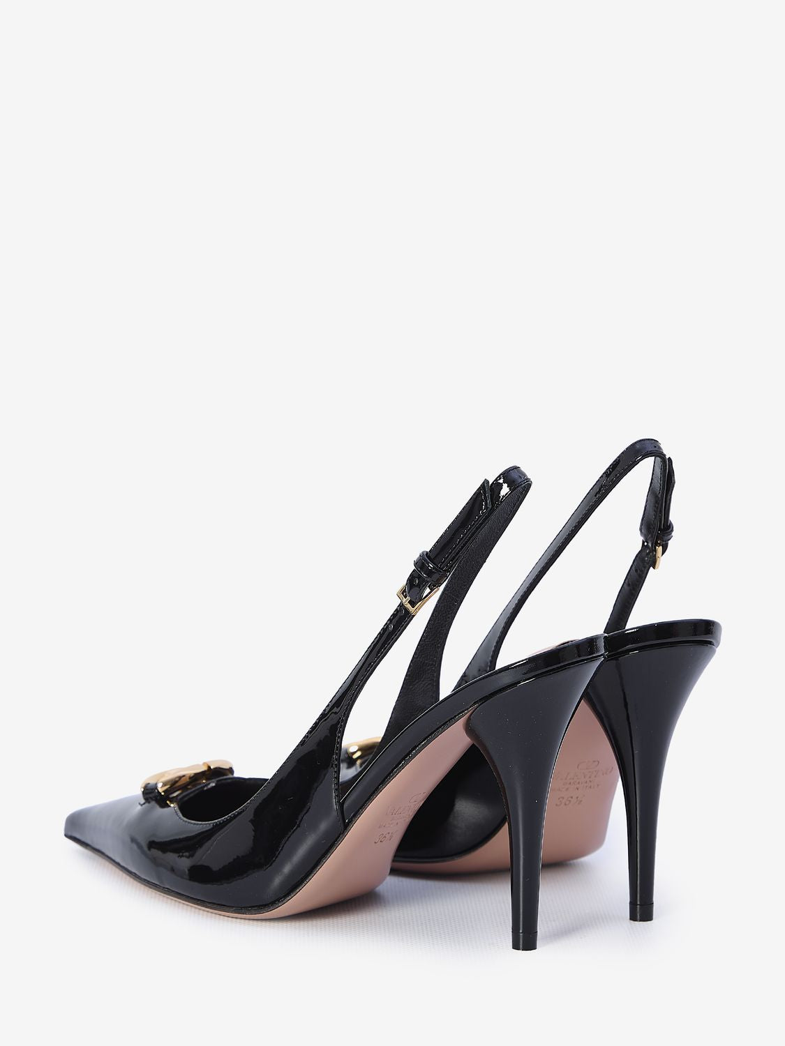 VALENTINO GARAVANI Elegant Black Patent Slingback Pumps with Gold-Tone Logo, 4in Heel