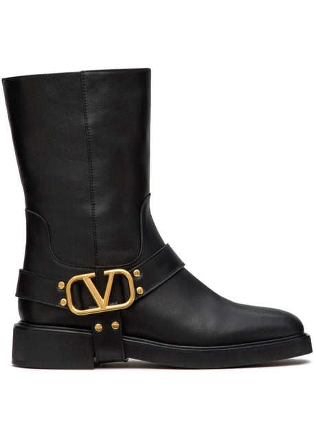 VALENTINO Chic Flat Black Boots with Golden Logo