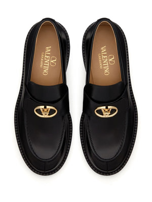 VALENTINO GARAVANI Elegant Black Leather Loafers with Gold-Tone Emblem