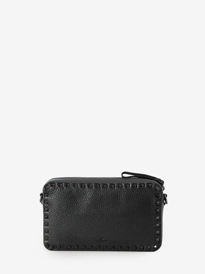 VALENTINO GARAVANI Black Grained Leather Mini Crossbody Bag with Stud Detail 24x14x6cm