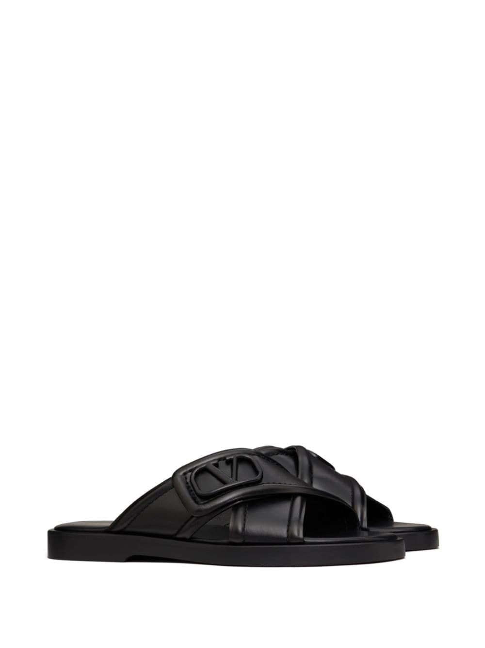 VALENTINO Signature Slide Sandals in Black Leather