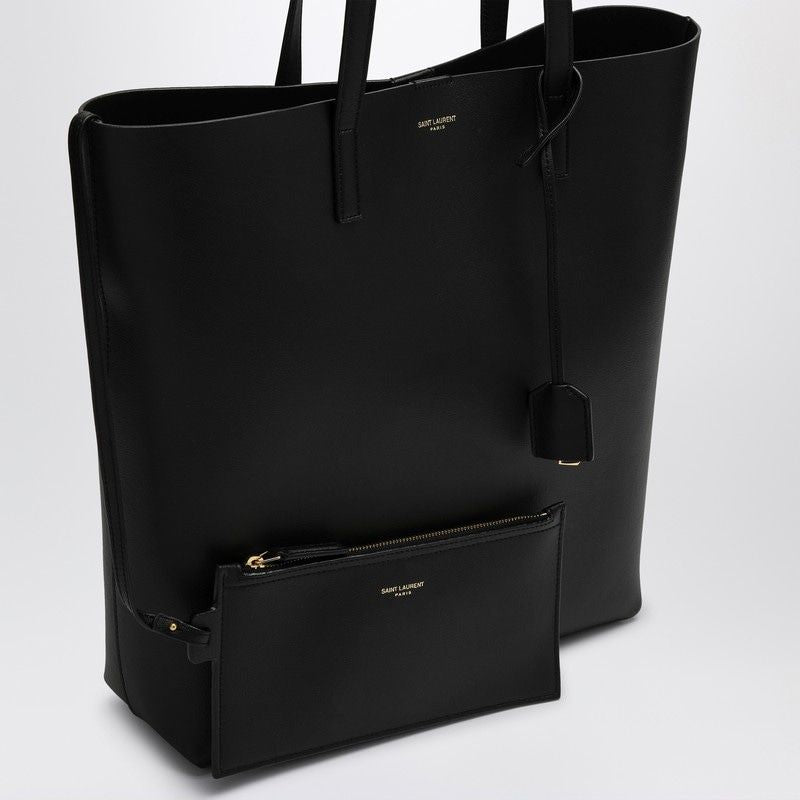 SAINT LAURENT Elegant Large Black Leather Shopping Tote with Gold Accents