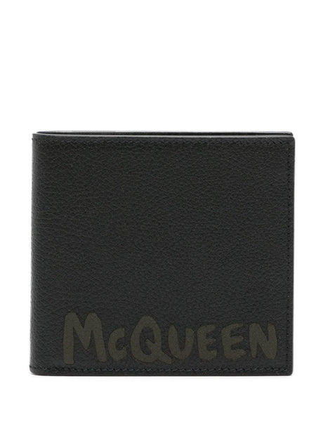 ALEXANDER MCQUEEN Men's Black Leather Square Wallet with Graffiti Logo Print