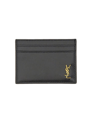 SAINT LAURENT Mini Leather Card Holder with Metal Logo