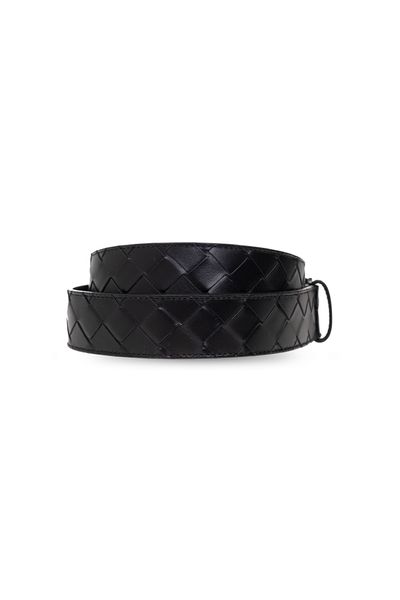 BOTTEGA VENETA Men's Black Leather Intrecciato Belt with Silver-Tone Metal Buckle