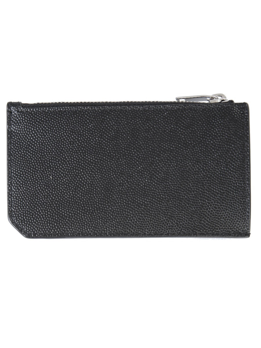 SAINT LAURENT Men's Mini Leather Card Holder with Zip Pocket