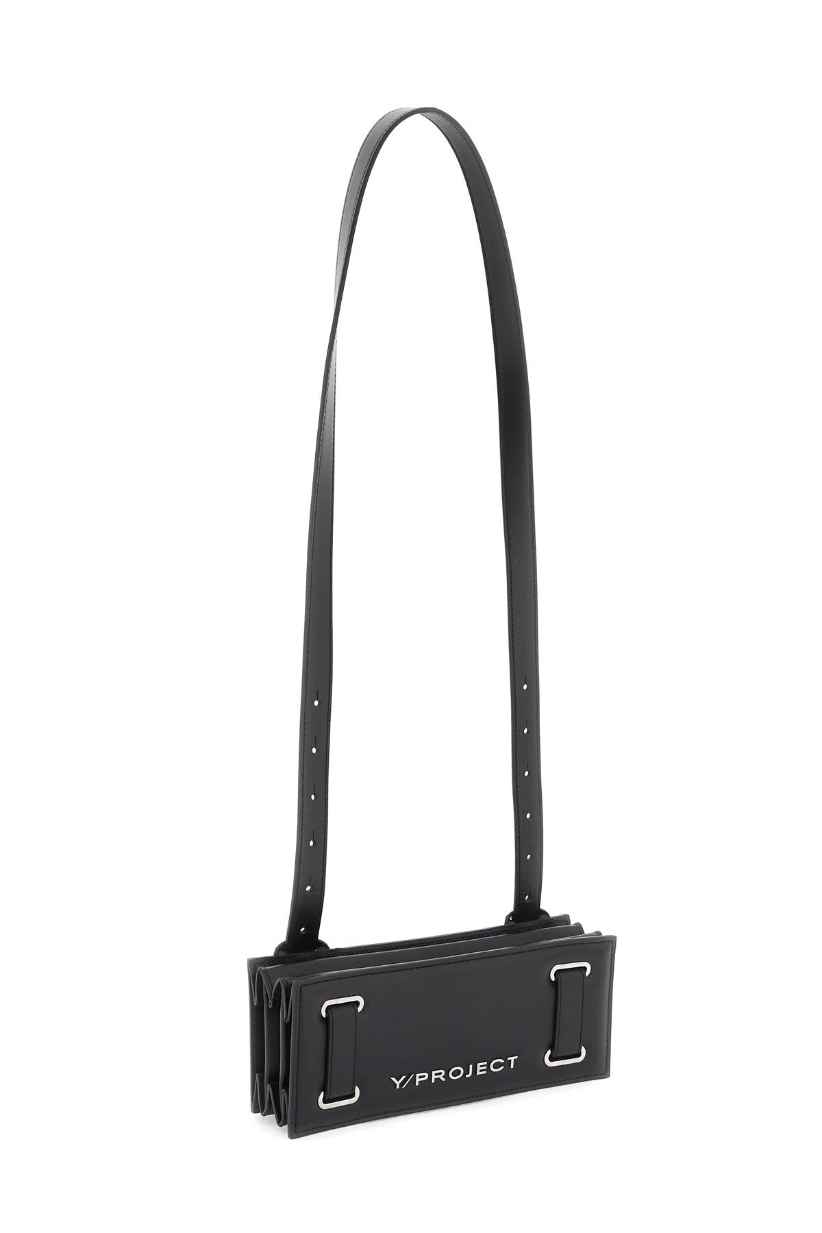Y/PROJECT Mini Accordian Leather Crossbody Bag in Black with Adjustable Strap and Silver Accents