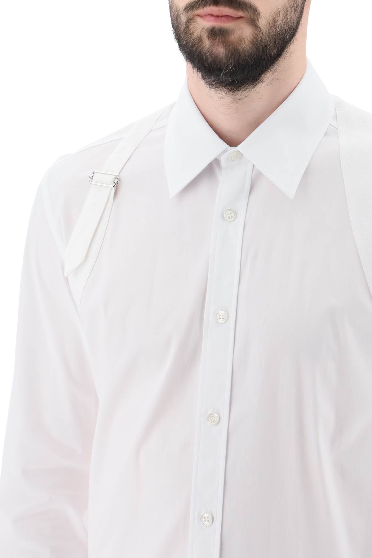 Men's White Cotton Poplin Shirt with Metal Buckle and Rounded Hem for FW23