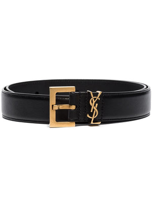 SAINT LAURENT Elegant Calfskin Black Belt with Brass Logo for Women