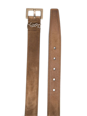 SAINT LAURENT Brown Leather Logo Plaque Belt for Men - SS24 Collection