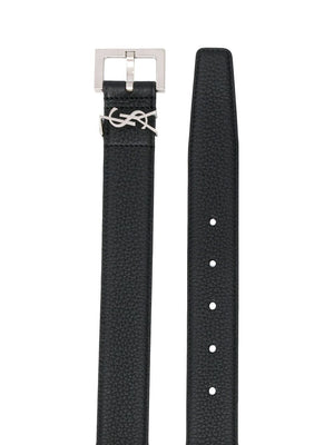 SAINT LAURENT Classic Black Grained Leather Belt for Men with Square Buckle