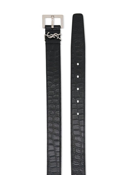 SAINT LAURENT Black Crocodile-Embossed Leather Belt with Silver-Tone YSL Loop for Men