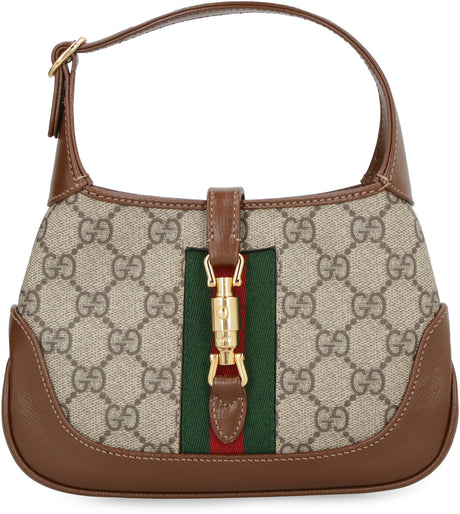 GUCCI Mini Jackie 1961 Beige & Ebony GG Supreme Fabric Handbag with Brown Leather & Striped Web Detail, 19x13x3 cm