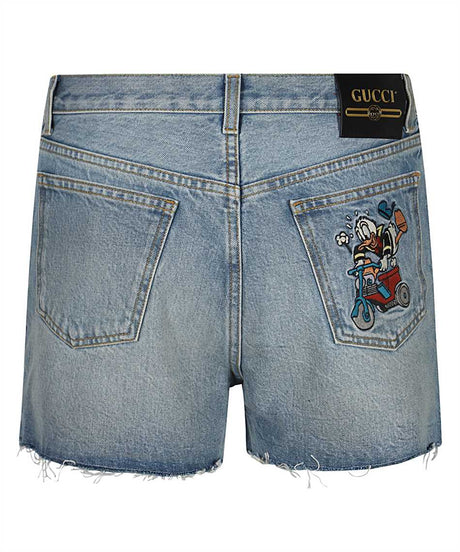 GUCCI Men's Blue Denim Shorts for SS22 - Embroidered, Back Logo, Frayed Hem