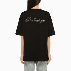 BALENCIAGA Black Crew-Neck T-Shirt with Logo - Short Sleeve, Rear Lettering, Strass Accents, Oversized Fit