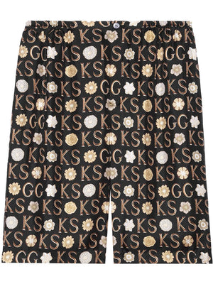 GUCCI Men's Printed Silk Shorts with Elastic Waist Insert