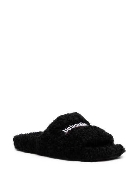 Furry Slide Sandals Đen với Logo Chiến Dịch Balenciaga và Chất liệu Lông Polyester 100%