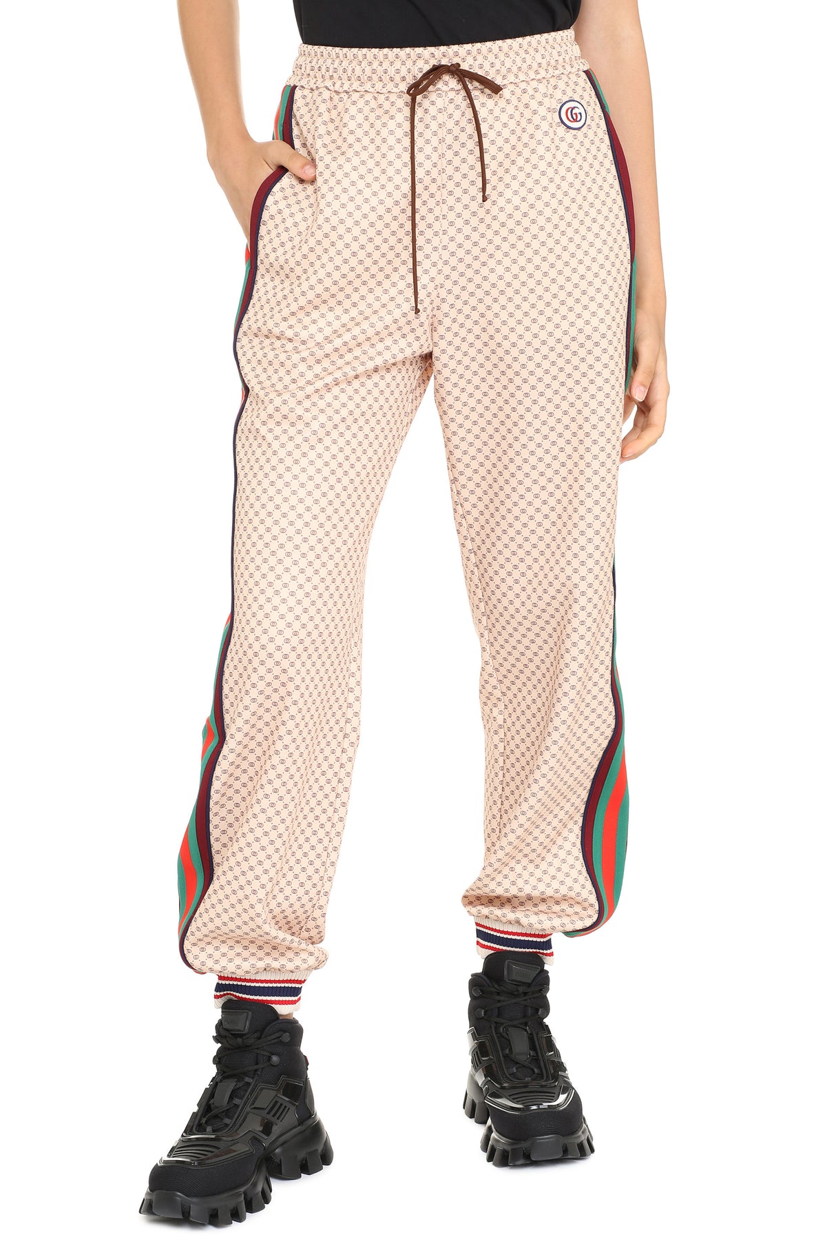 GUCCI Women's Contrast Stripe Track Pants with Beige Web Insert and Logo Patch
