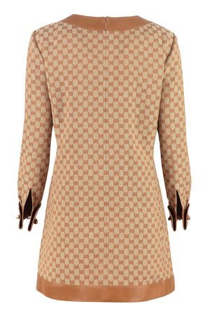 GUCCI Beige Jacquard Mini Dress with Leather Details