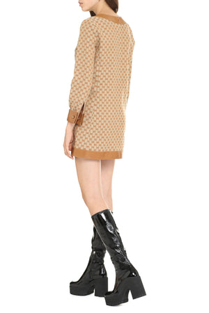 GUCCI Beige Jacquard Mini Dress with Leather Details