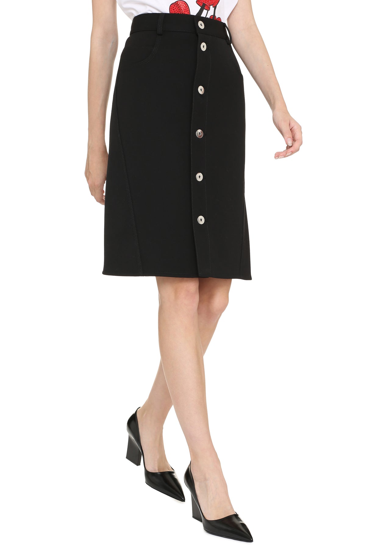 BOTTEGA VENETA Black Stretch Wool Skirt with Button Fastening and Back Ruffle Detail for Women