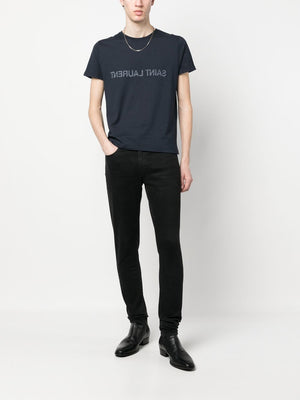 SAINT LAURENT Navy Blue REVERSE LOGO-PRINT T-Shirt for Men - FW23