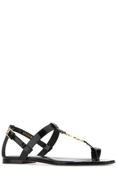 SAINT LAURENT Black Patent Leather Square Toe Sandals with Metallic YSL Logo