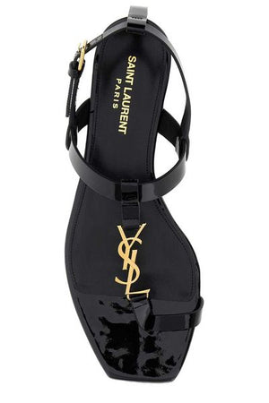 SAINT LAURENT Black Patent Leather Square Toe Sandals with Metallic YSL Logo